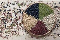 Top view of five colored beans in a bowl on wooder background, Healthy eating concept