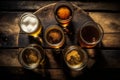 Top view of five glasses of alcohol standing on a wooden table, generated ai Royalty Free Stock Photo