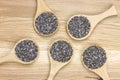 Top-view of five spoons filled with chia seeds