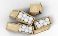 Top view of Five Wood Transport Box where Three opened and full of Volleyball balls