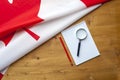 Top view flag of Canada notepad and magnifier