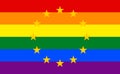 Top view of flag of Europe rainbow lgbt pride, no flagpole. Plane design, layout. Flag background. Freedom and love concept. Pride