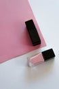 Top view flat lay of classic pair of black shoes and black and pink nail polishes Royalty Free Stock Photo