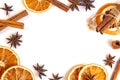 Top view flat lay of Christmas spices for traditional beverages: cinnamon sticks, anise stars, dry orange slices as a frame Royalty Free Stock Photo