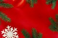 Top view Flat lay Christmas still life from christmas decorations on a red background Royalty Free Stock Photo