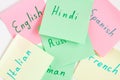 Top view flat lay of diferent languages which written on the reminder notepaper Royalty Free Stock Photo
