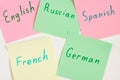 Top view flat lay of different languages which written on the reminder notepaper of different colors. Flashcards and language