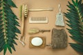 flat lay jute washcloth, loofah face sponge, bamboo tooth brush, natural pumice for foot peeling, dry brush massager and