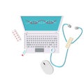 Top view on flat lay of a laptop computer doctor medical worker with a gradius pan, stethoscope, pills on a white background. Royalty Free Stock Photo