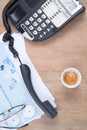 Top view Flat lay photo of office desk with phone eyeglasses coffee and paper