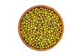 Top view or flat lay pile of fresh green raw mung beans in wooden bowl Royalty Free Stock Photo