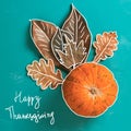 flat lay pumpkin and autumn dry leaves with handwriting text happy thanksgiving on a blue background Royalty Free Stock Photo