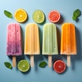 Top view flat lay of a set of bright ice cream popsicles