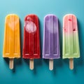 Top view flat lay of a set of bright ice cream popsicles