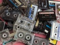 Stack vintage compact cassette tape, Close up set of old audio tapes