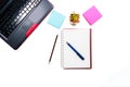 Top view or Flat lay style with copy space of workspace with laptop , pen , notebook , sticky note , pencil on white table Royalty Free Stock Photo