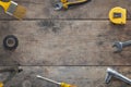 Top view flat lay of tools composition on a wooden table Royalty Free Stock Photo