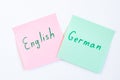 Top view flat lay of two languages english and german which written on the reminder notepaper