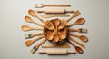 Top view flat lay of wooden kitchen utensils on a neutral background Royalty Free Stock Photo