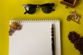 Top view flat layer coffee beans, grinded beans in vintage wooden coffee grinder, white book , pen and sun glasses on two tone mul Royalty Free Stock Photo