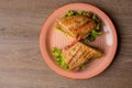 Top view of flavorous sandwich from crispy bread baguette, fresh lettuce and ham on pink plate on brown wooden table.