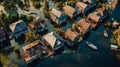 Top view of flooded houses. Generative AI. Royalty Free Stock Photo