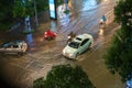 Top view of flooded traffic in a heavy rain in Hanoi, Vietnam