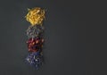 Top view of floral herbs - dried marigold, lavender, rose and cornflower petals as ingredients for cooking Royalty Free Stock Photo