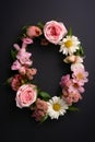 Top view of floral wreath made of beautiful colorful flowers on dark background Royalty Free Stock Photo