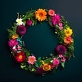 Top view of floral wreath made of beautiful colorful flowers on dark background Royalty Free Stock Photo