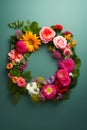 Top view of floral wreath made of beautiful colorful flowers on green background Royalty Free Stock Photo