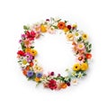 Top view of floral wreath made of beautiful colorful flowers on white. AI generated Royalty Free Stock Photo