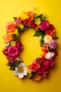 Top view of floral wreath made of beautiful colorful flowers on yellow background Royalty Free Stock Photo