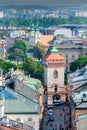 Top view of the Florian Gate and the city of Krakow
