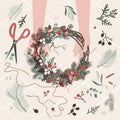 Top view of florist hands making Christmas wreath with fir branches and decorative floral branches and berries. Vector