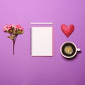 Top view of flower note book with pen heart and cup of coffee on lilac background - Flat lay