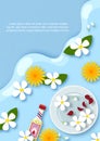 Top view of flowers and silver bowl on water and blue background. Poster of Songkran water festival in vector design