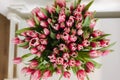 Top view of flowers in vase. Beautiful and fresh tulips for mom. Woman's day. 8 march Royalty Free Stock Photo