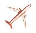 Top view of flying airplane. Aircraft flight. Plane with tail, wings and engine. Passenger air jet. Colored flat vector