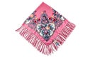 Top view on folded pink cotton scarf with fringe and colorful floral ornament Royalty Free Stock Photo