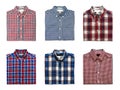 Top view of folded red, blue and white color long sleeve plaid shirts isolated on white background Royalty Free Stock Photo