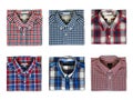 Top view of folded red, blue and white color long sleeve plaid shirts isolated on white background Royalty Free Stock Photo