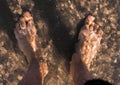 Top view foot of young man stand alone in water on beach background Royalty Free Stock Photo