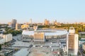 Top view Football stadium and square in Kiev. National Sports Complex Olympysky Kiev, White Grand Stadium with perforated facades.