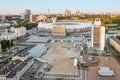 Top view Football stadium and square in Kiev. National Sports Complex Olympysky Kiev, White Grand Stadium with perforated facades.