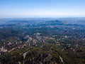 Top view on forested rocky hills landscape