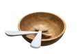 Top view fork and spoon on wooden bowl