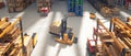 Top view of a forklift truck carrying a pallet with goods