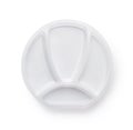 Top view of four compartment white plastic plate