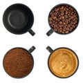 Top view four cups of different stages of preparing cappuccino isolated on white background Royalty Free Stock Photo